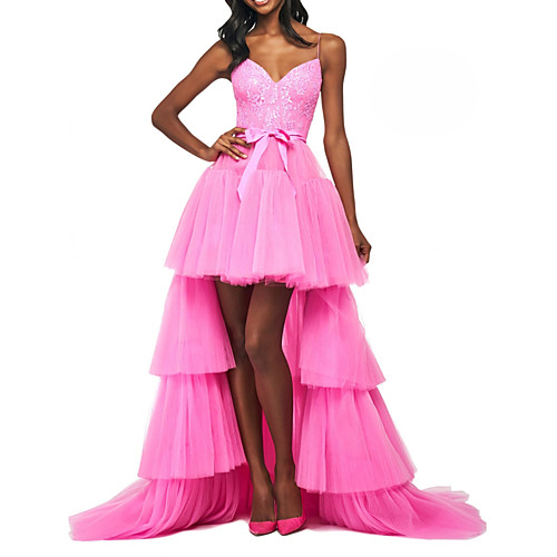 

A-Line Sexy Prom Formal Evening Dress Spaghetti Strap Sleeveless Sweep / Brush Train Tulle with Tier Lace Insert 2021