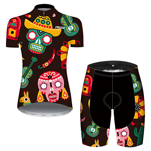 

21Grams Women's Short Sleeve Cycling Jersey with Shorts Spandex Polyester Black / Green Skull Floral Botanical Bike Clothing Suit Breathable Quick Dry Ultraviolet Resistant Sweat-wicking Sports Skull