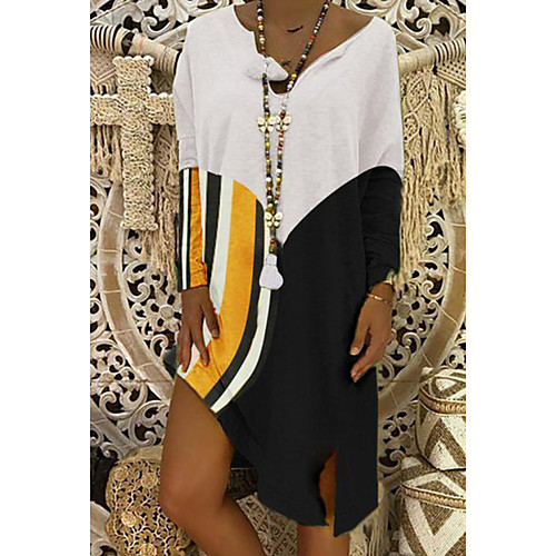 

Women's Tunic Dress - Long Sleeve Striped V Neck White Red Yellow Orange Gray Light Blue S M L XL XXL XXXL