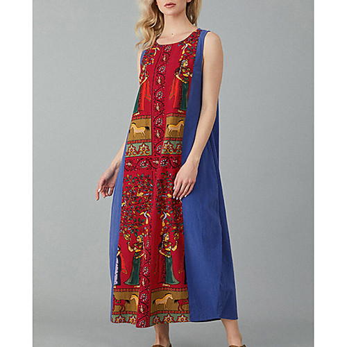 

Women's A-Line Dress Maxi long Dress - Sleeveless Print Red Navy Blue Beige M L XL XXL XXXL XXXXL XXXXXL / Cotton