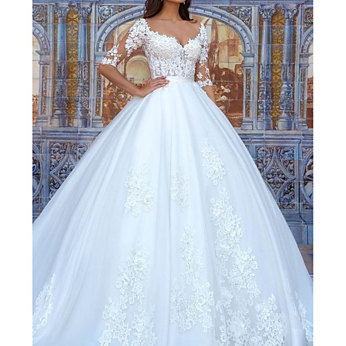 

Ball Gown Wedding Dresses Plunging Neck Floor Length Polyester Half Sleeve Country Plus Size with Lace Insert Appliques 2021