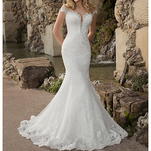 

Mermaid / Trumpet Wedding Dresses Jewel Neck Sweep / Brush Train Lace Tulle Short Sleeve Country See-Through Plus Size with Lace Appliques 2021