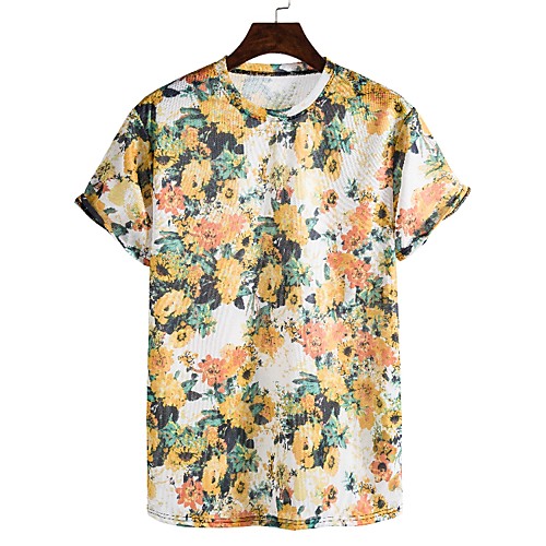 

Men's Floral Color Block Print T-shirt Basic Tropical Daily Going out Round Neck Yellow / Short Sleeve