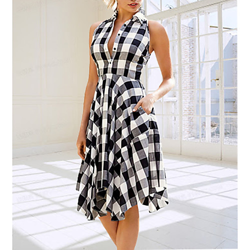 

Women's Sheath Dress - Sleeveless Plaid Shirt Collar Wine Black Red Royal Blue S M L XL XXL