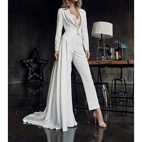 

Two Piece Jumpsuits Wedding Dresses V Neck Sweep / Brush Train Stretch Satin Long Sleeve Country Plus Size with Lace Crystal Brooch 2020 / Yes