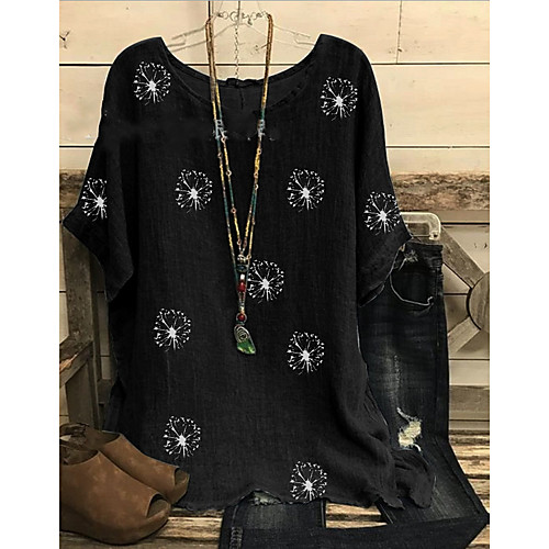 

Women's Plus Size Blouse Shirt Floral Holiday Flower Print Round Neck Tops Boho Basic Top Black Wine Green / Sunflower