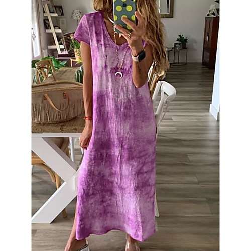 

Women's Maxi Loose Dress - Short Sleeves Print Summer V Neck Casual / Daily Loose Wine Blue Purple Orange Green S M L XL XXL XXXL