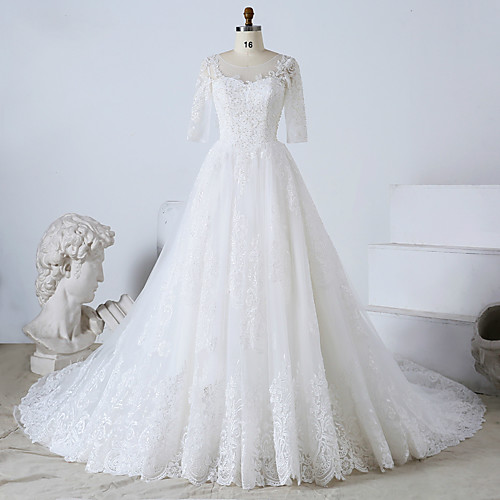 

Ball Gown Wedding Dresses Jewel Neck Watteau Train Tulle Lace Over Satin Half Sleeve Formal Plus Size Elegant with Beading Lace Insert Appliques 2020 / Illusion Sleeve