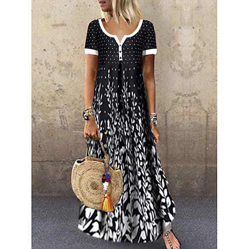 

Women's Maxi Black & White Dress - Short Sleeves Leaf Print Summer Casual Holiday Vacation High Waist 2020 Black M L XL XXL XXXL