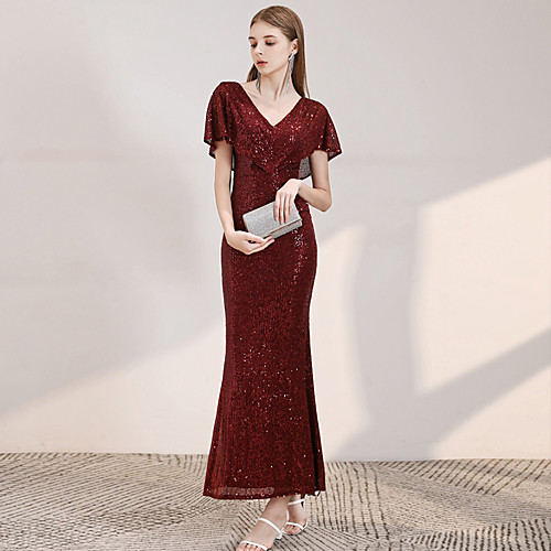 

Mermaid / Trumpet Sparkle Wedding Guest Prom Dress V Neck Short Sleeve Ankle Length Sequined with Sequin 2021