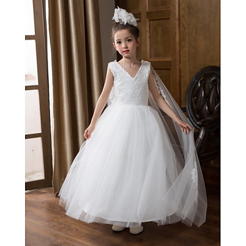 

Ball Gown Floor Length Wedding Flower Girl Dresses - Chiffon Sleeveless V Neck with Bow(s) / Solid