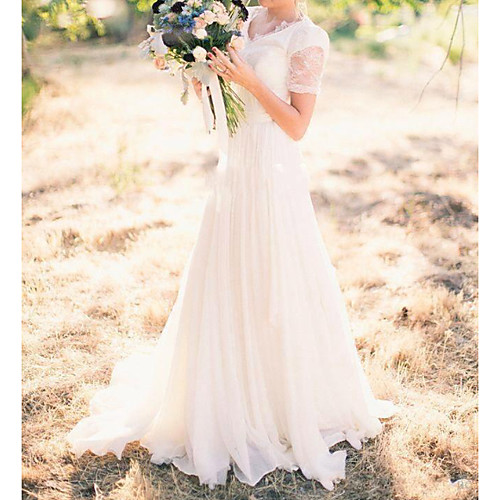 

A-Line Wedding Dresses V Neck Sweep / Brush Train Chiffon Lace Taffeta Cap Sleeve Country Plus Size with Lace 2021