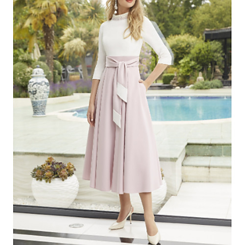 

A-Line Mother of the Bride Dress Sweet High Neck Ankle Length Polyester 3/4 Length Sleeve with Sash / Ribbon Pleats 2021