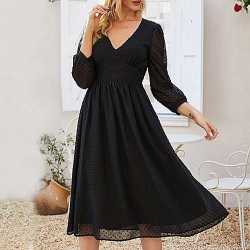 

Women's A Line Dress Midi Dress Black 3/4 Length Sleeve Solid Color V Neck S M L XL XXL