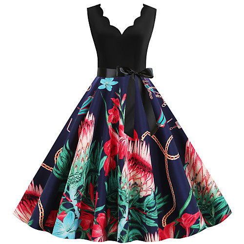 

Women's Sheath Dress - Sleeveless Floral Print Print Deep V Street chic Daily Going out Red Orange Green Navy Blue S M L XL XXL XXXL