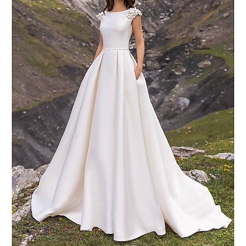 

A-Line Wedding Dresses Jewel Neck Sweep / Brush Train Satin Cap Sleeve Country Plus Size with Appliques Side-Draped 2021