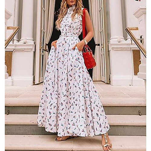 

Women's Maxi Sheath Dress - Sleeveless Print Shirt Collar White S M L XL