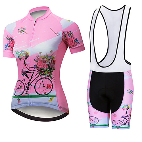 

21Grams Women's Short Sleeve Cycling Jersey with Bib Shorts Spandex Polyester Pink / Black Floral Botanical Bike Clothing Suit Breathable 3D Pad Quick Dry Ultraviolet Resistant Sweat-wicking Sports