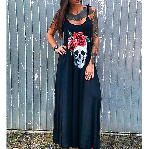 

Women's Maxi A Line Dress - Sleeveless Floral Geometric Skull Spring Summer Strap Elegant Maxi Dress Holiday Beach Home Blue S M L XL XXL XXXL