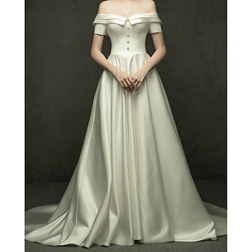 

A-Line Wedding Dresses Off Shoulder Court Train Satin Short Sleeve Formal Elegant with Buttons 2021