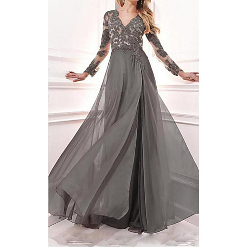 

A-Line Mother of the Bride Dress Elegant V Neck Sweep / Brush Train Chiffon Lace Satin Long Sleeve with Pattern / Print Split Front 2021