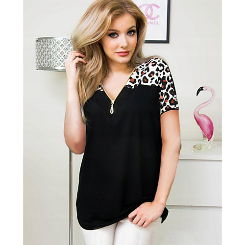 

Women's Leopard Patchwork Print T-shirt Daily Black / Army Green / Fuchsia