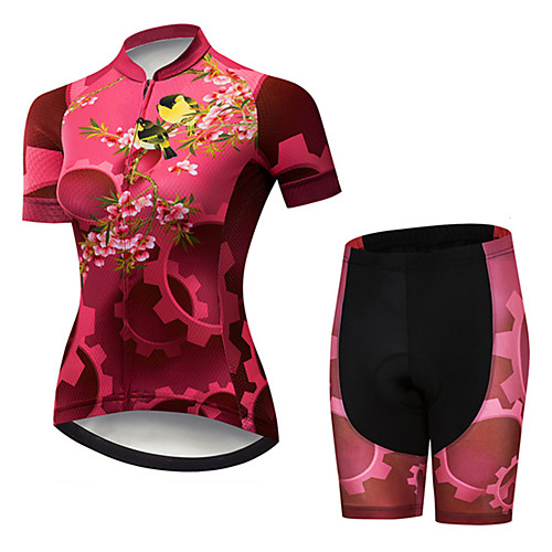 

21Grams Women's Short Sleeve Cycling Jersey with Shorts Spandex Polyester Black / Red Floral Botanical Bird Gear Bike Clothing Suit Breathable 3D Pad Quick Dry Ultraviolet Resistant Sweat-wicking