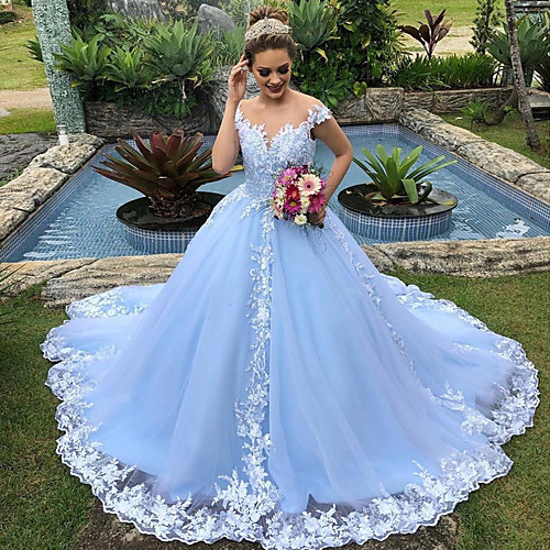 

Ball Gown Wedding Dresses V Neck Court Train Lace Polyester Cap Sleeve Country Plus Size with Appliques 2021