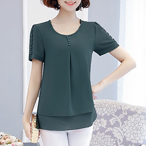 

Women's Blouse Shirt Solid Colored Layered Pleated Round Neck Tops Basic Top Red Yellow Orange
