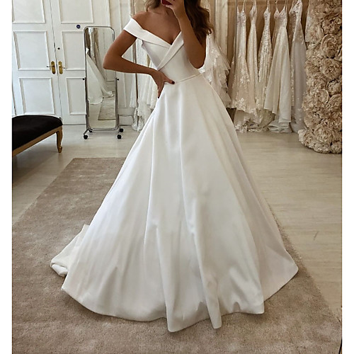 

A-Line Wedding Dresses V Neck Sweep / Brush Train Polyester Short Sleeve Country Plus Size with Side-Draped 2021