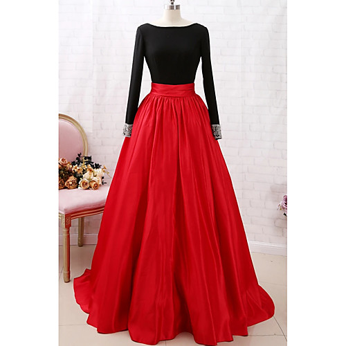 

A-Line Color Block Party Wear Prom Dress Jewel Neck Long Sleeve Court Train Satin with Pleats 2021