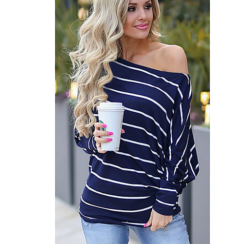 

Women's Striped T-shirt Daily Off Shoulder Blue / Fuchsia / Gray