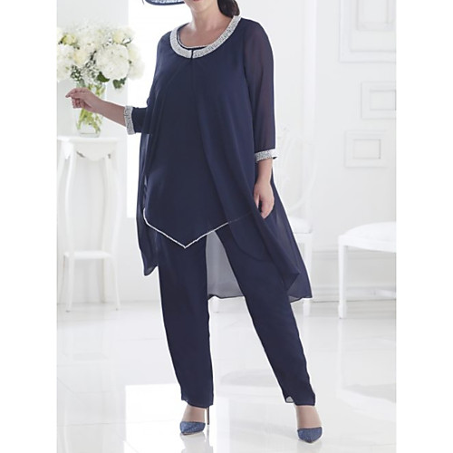 

Pantsuit / Jumpsuit Mother of the Bride Dress Elegant Jewel Neck Floor Length Chiffon Long Sleeve with Beading 2021