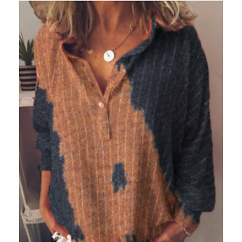

Women's Color Block Patchwork Print Shirt - Cotton Daily Shirt Collar Brown