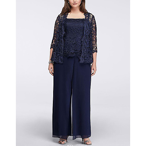 

Pantsuit / Jumpsuit Mother of the Bride Dress Elegant Square Neck Floor Length Chiffon 3/4 Length Sleeve with Lace 2021