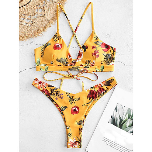 

Women's Basic Yellow Blue White Halter Cheeky Bikini Swimwear Swimsuit - Floral Backless S M L Yellow