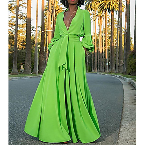 

Women's Maxi A Line Dress - Long Sleeve Solid Colored Deep V Street chic Green S M L XL XXL