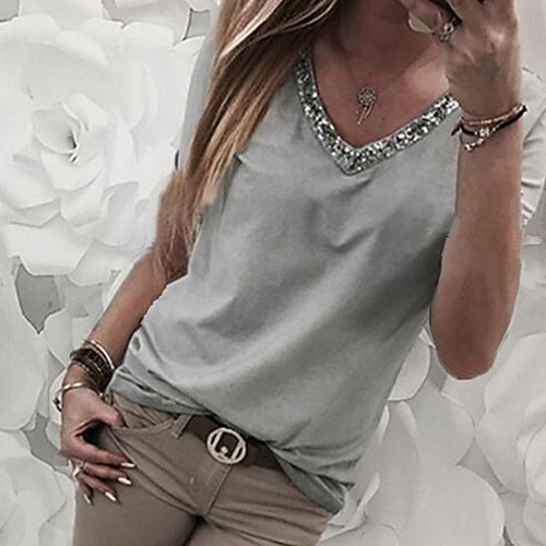 

Women's T-shirt Color Block Patchwork Print V Neck Tops Loose Basic Top Black Blue Purple