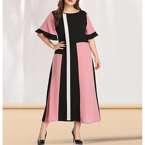 

Women's Plus Size Maxi A Line Dress - Short Sleeves Color Block Solid Color Patchwork Spring & Summer Casual Elegant Party Going out Flare Cuff Sleeve Blushing Pink L XL XXL