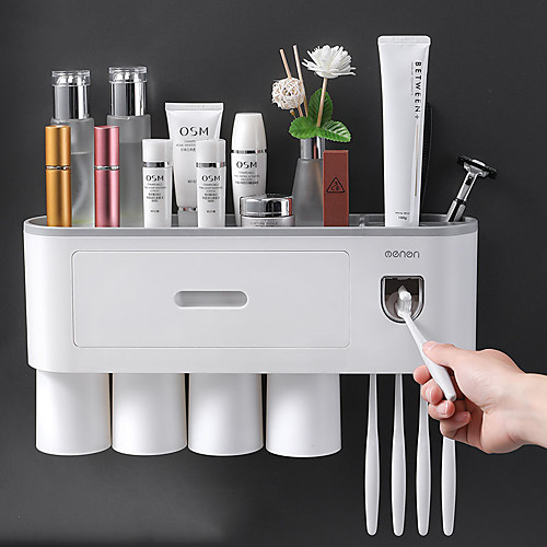 

Automatic Toothpaste Dispenser Squeezer Kit with Toothbrush Holder Wall Mounted Plastic Tools for Bathroom 1 Set