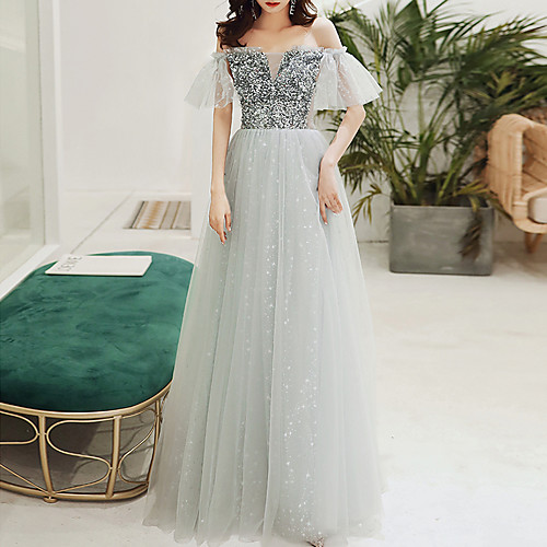 

A-Line Sparkle Engagement Formal Evening Dress Off Shoulder Short Sleeve Floor Length Tulle with Sequin 2021