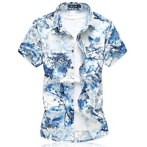 

Men's Geometric Print Shirt - Cotton Business Tropical Going out Weekend Classic Collar Blue / Red / Green / Short Sleeve