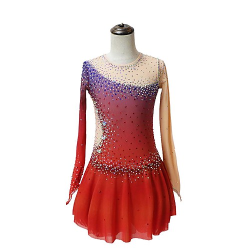 

Figure Skating Dress Women's Girls' Ice Skating Dress Red Patchwork Asymmetric Hem Spandex High Elasticity Competition Skating Wear Crystal / Rhinestone Long Sleeve Ice Skating Figure Skating / Kids