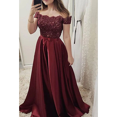 

A-Line Cut Out Engagement Prom Dress Off Shoulder Short Sleeve Sweep / Brush Train Lace Satin with Pleats Lace Insert 2021