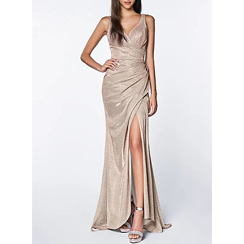 

Mermaid / Trumpet Sparkle Wedding Guest Prom Dress V Neck Sleeveless Sweep / Brush Train Polyester with Sequin Split 2021