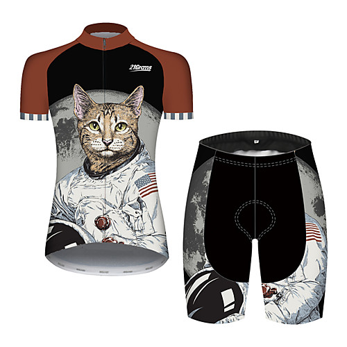 

21Grams Women's Short Sleeve Cycling Jersey with Shorts Spandex Polyester Black / White Cat Animal American / USA Bike Clothing Suit Breathable Quick Dry Ultraviolet Resistant Sweat-wicking Sports Cat