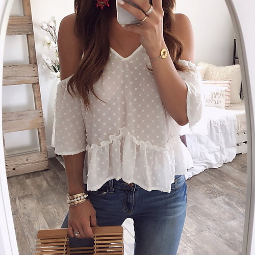 

Women's Solid Colored Mesh Cold Shoulder Blouse Daily V Neck White