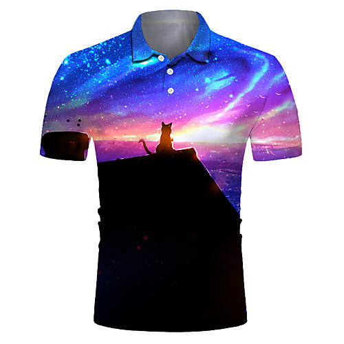 

Men's Galaxy 3D Cat Print Polo Rock Exaggerated Club Weekend Shirt Collar Rainbow / Short Sleeve / Animal