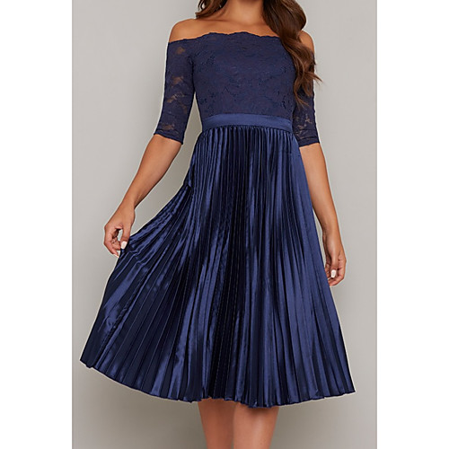 

A-Line Mother of the Bride Dress Elegant Off Shoulder Tea Length Chiffon Lace Satin Half Sleeve with Lace Pleats 2021