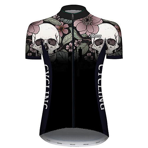 

21Grams Women's Short Sleeve Cycling Jersey BlackWhite Skull Floral Botanical Bike Jersey Top Mountain Bike MTB Road Bike Cycling UV Resistant Quick Dry Breathable Sports Clothing Apparel / Stretchy